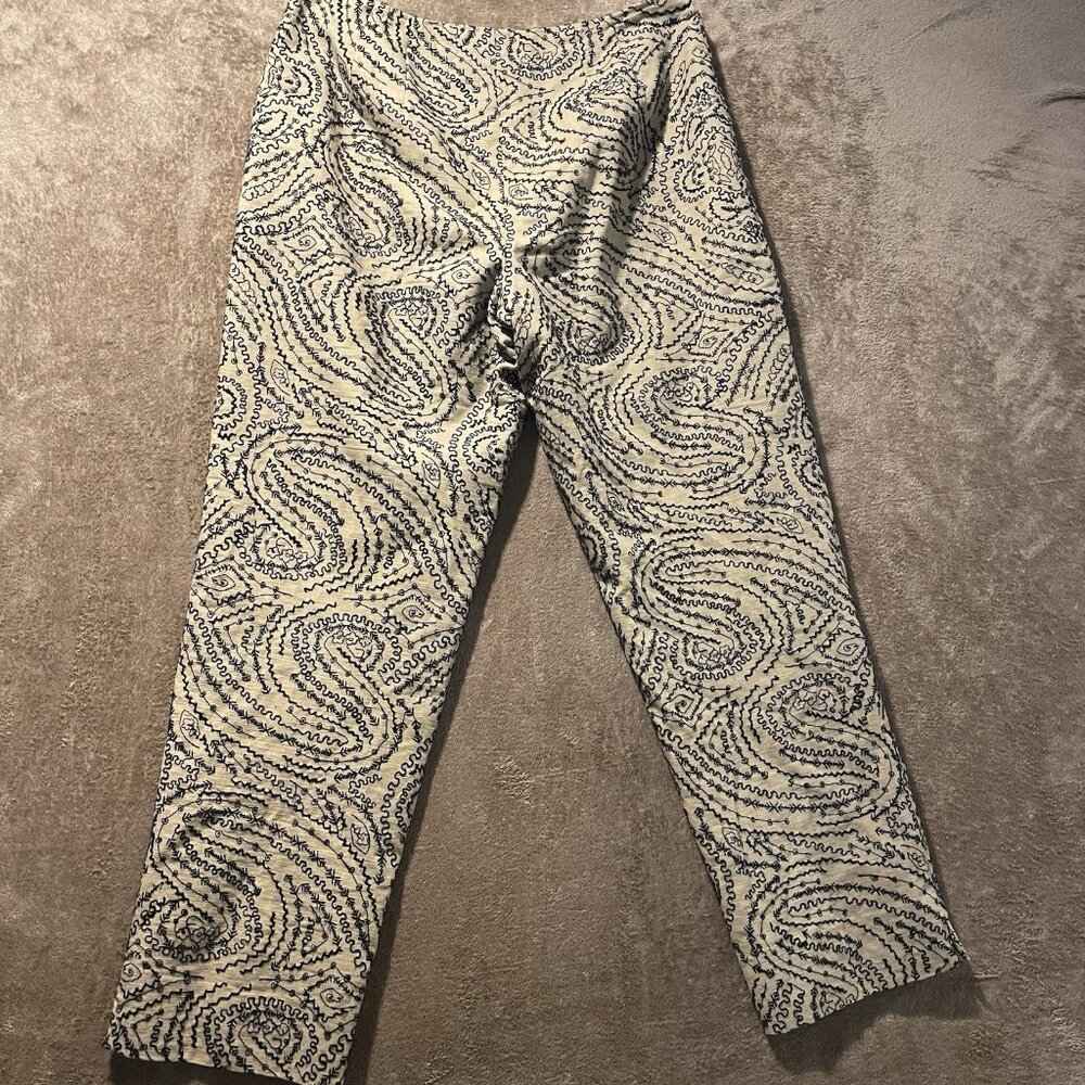 Talbots Pants Womens 10 Linen Tan Black Embroidered Design Cropped Ankle High - Picture 3 of 8
